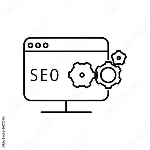 SEO or search engine optimization icon. Outline thin line flat illustration. Isolated on white background. 