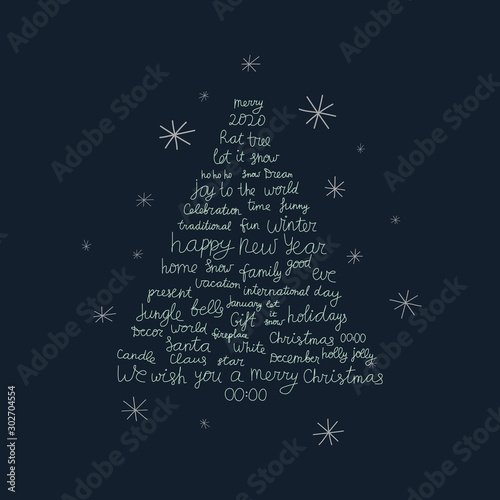 Background with Christmas and New Year holidays calligraphy. Modern Christmas tree consisting of phrases and words. Holiday tree for using in banner, poster, greeting card or print on textile