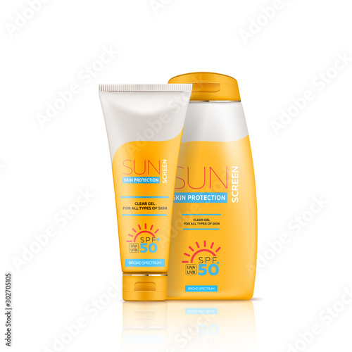 Sunscreen gel or cream for skin protection and UVA/UVB rays blocking, isolated on white background. Ready for branding, packaging and advertising design. High quality realistic vector illustration.