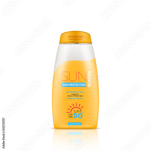 Sunscreen gel or cream for skin protection and UVA/UVB rays blocking, isolated on white background. Ready for branding, packaging and advertising design. High quality realistic vector illustration.