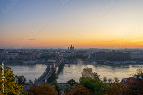 Sunrise in Budapest during fall with view of Széchenyi 