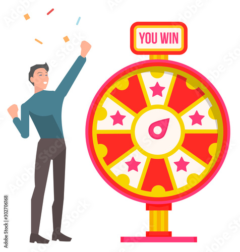Fortune wheel and win, man winner and confetti vector. Money or prize, guy in winning pose and color cirle or roulette, opportunity and luck, victory. Wheel with text you win. Man celebrate jackpot