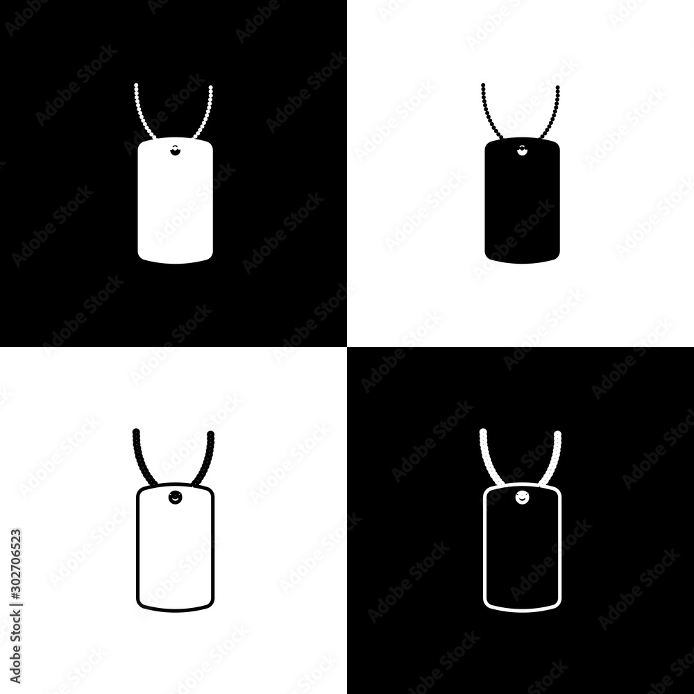 Set Military dog tag icon isolated on black and white background