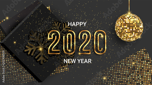 Happy New Year 2020 shimmer background, vector illustration. Sparkling disco ball, gold snowflakes made of glitter, golden halftone, black boxes elements for New Year party invitations.