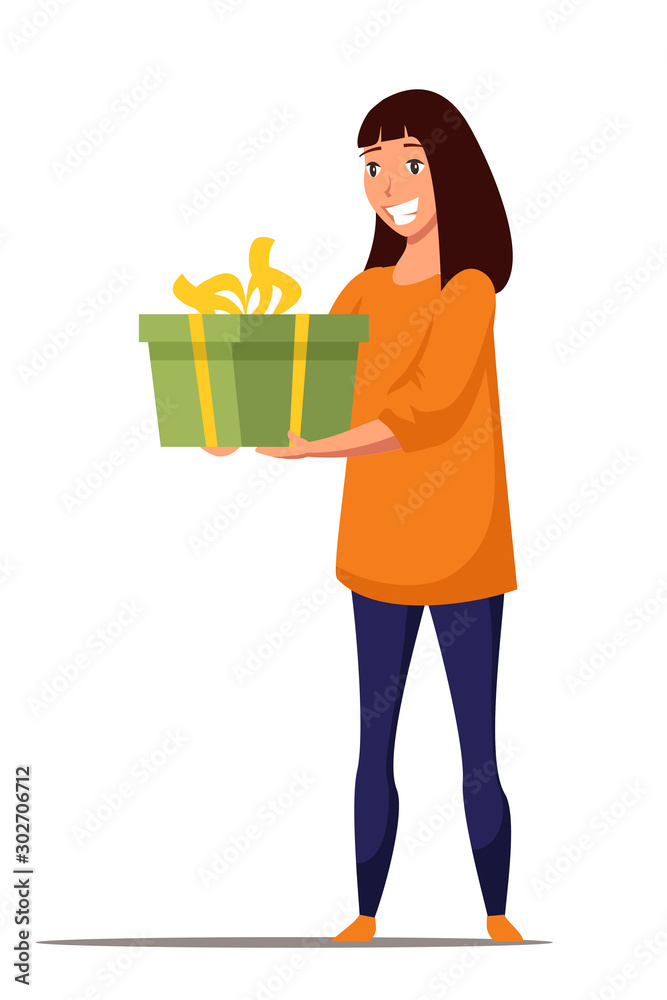 Young woman with gift box flat vector illustration Young woman with gift box flat vector illustration