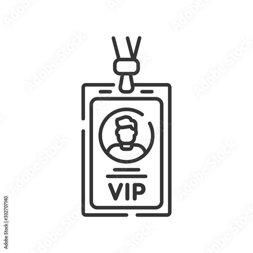 VIP pass line black icon. ID badge. Premium card for enter premium membership. Button for web or mobile app. Editable stroke.