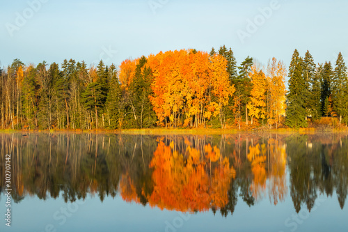 Beautiful autumn landscape of Kymijoki river waters. Finland, Kymenlaakso, Kouvola