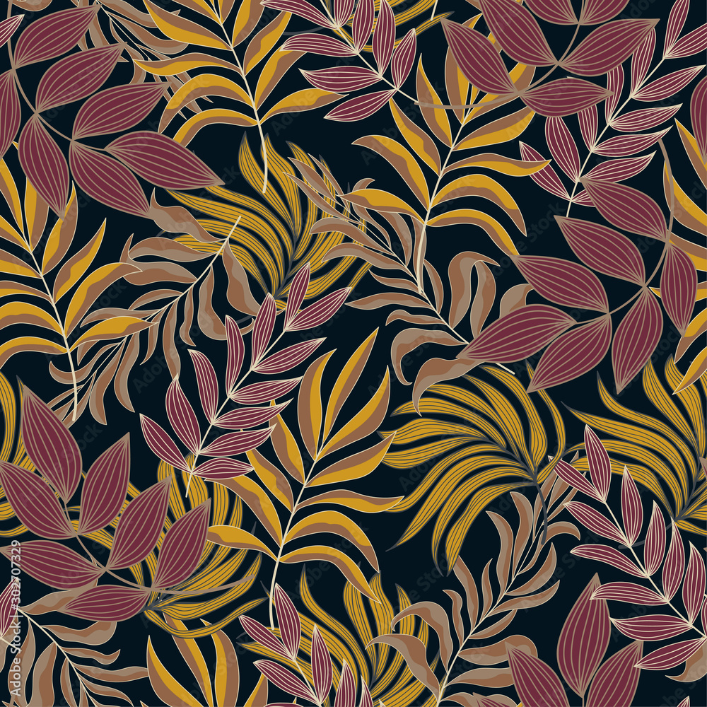 Summer seamless tropical pattern with bright yellow and Burgundy plants and leaves on a dark background. Seamless pattern with colorful leaves and plants. Tropic leaves in bright colors. Summer seamless tropical pattern with bright yellow and Burgundy plants and leaves on a dark background. Seamless pattern with colorful leaves and plants. Tropic leaves in bright colors.