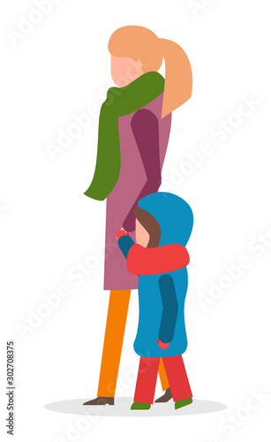 Woman and kid wearing warm clothes walking outdoors vector. Mom and child spending time outside in winter. Kiddo wearing thick jacket and hood with scarf on neck. Family on weekends isolated