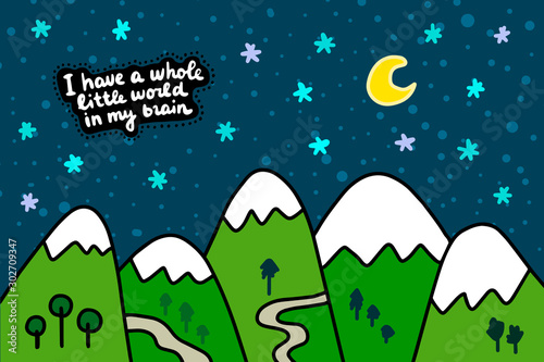 I have a whole little world in my brain hand drawn vector illustration in cartoon comic style mountains landscape