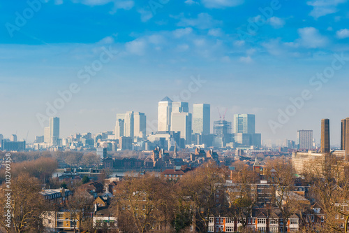 Greenwich, East London and Canary wharf viewed from Greenwich Park