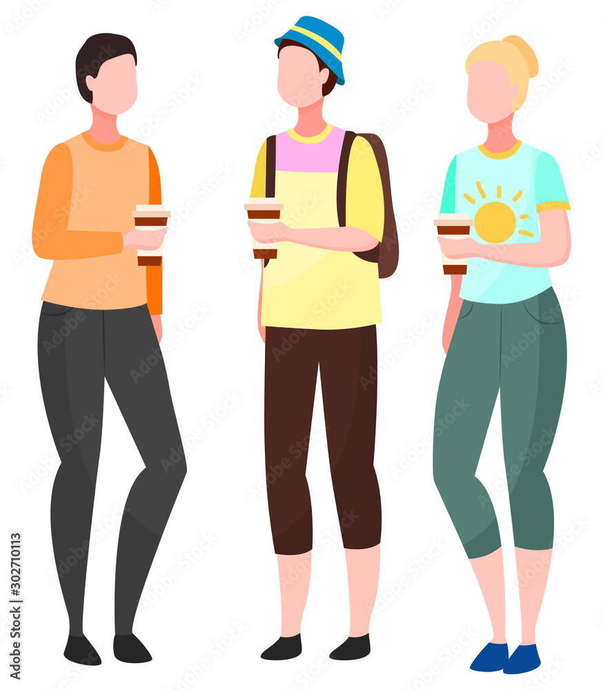 People standing together and talking, illustration. Guy in hat with backpack vector, woman in shirt with sun. Friends meeting, gathering for communication. Women and man drinking coffee, flat style