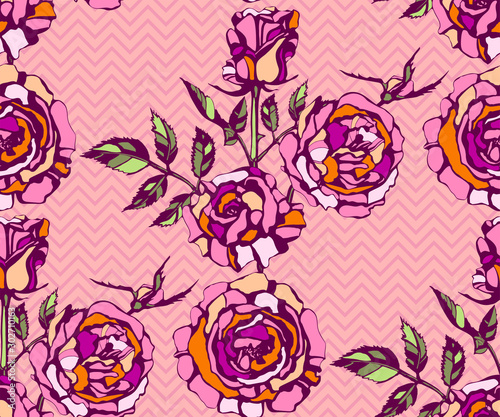 Seamless floral pattern with roses hand drawing decorative background. Vector Illustration. Print for textile, cloth, wallpaper, scrapbooking