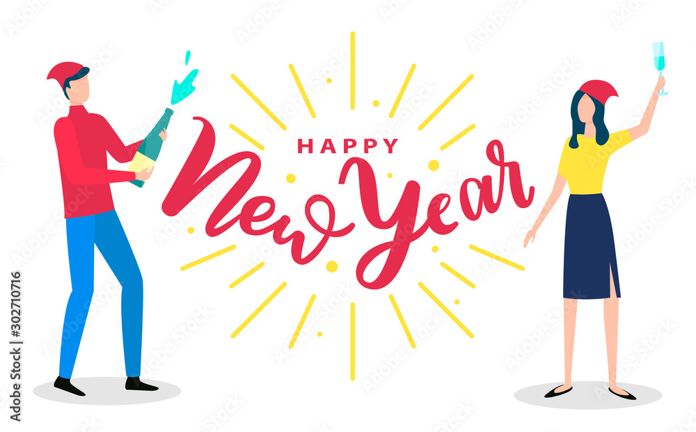 Friends having fun and greeting each other with winter holiday. Man standing with champagne bottle and woman with glass of alcohol. Red vector caption happy New Year on white background with people Friends having fun and greeting each other with winter holiday. Man standing with champagne bottle and woman with glass of alcohol. Red vector caption happy New Year on white background with people