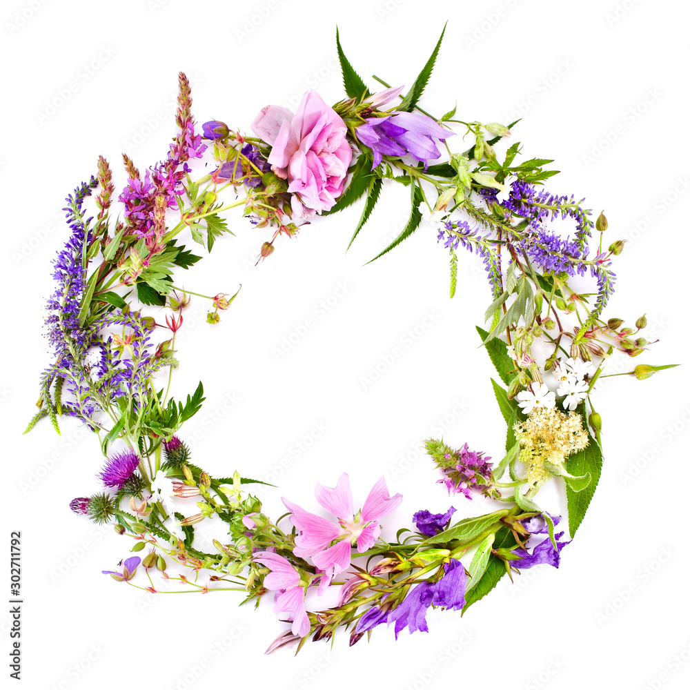 Beautiful flower wreath with colorful blooming flowers isolated on a white background. Midsummer celebration concept, summer decoration.
