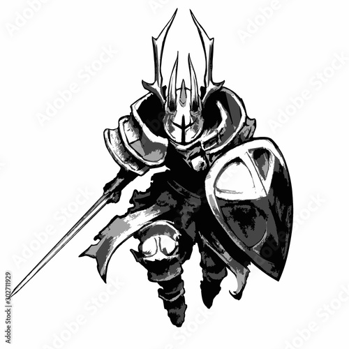 A knight in plate armor, horned helmet, shield and sword runs to attack. 2D illustration