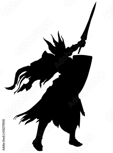 The silhouette of a knight in a helmet with wings, in a ragged cloak, with a shield and a sword, gives the order to attack . 2D illustration