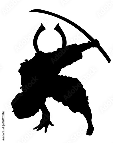 Silhouette of a samurai in a dynamic pose with a sword at the ready. 2D illustration