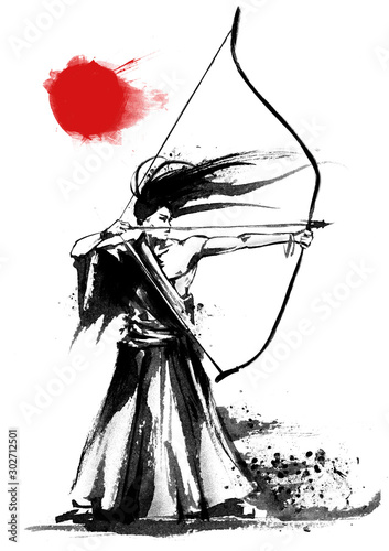 Fototapeta A Japanese warrior archer stands in a kimono with a bow in his hands, pulls an arrow, on a white background with a red sun