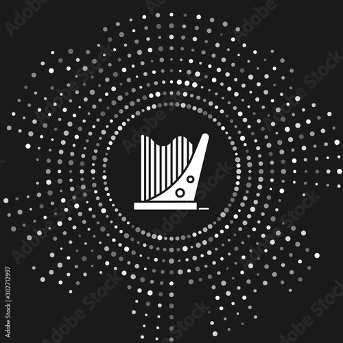 White Harp icon isolated on grey background. Classical music instrument, orhestra string acoustic element. Abstract circle random dots. Vector Illustration