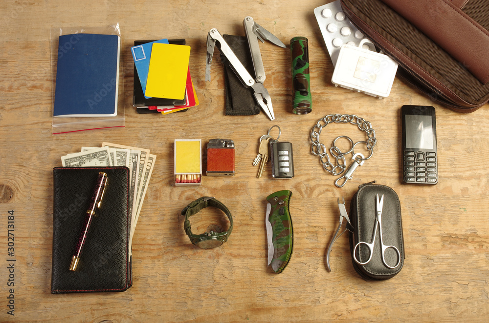 Items for survival in the city. EDC kit. A whale of everyday necessities. Items for survival in the city. EDC kit. A whale of everyday necessities.