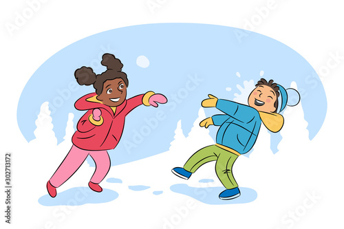 Children playing snowballs cartoon illustration. Kids having fun. Boy and girl throwing snowballs vector characters. Winter entertainment, outdoor activity, leisure, active rest concept.