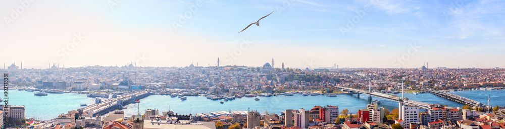 Istanbul bridges and the Golden Horn panorama, view from the Galata Tower