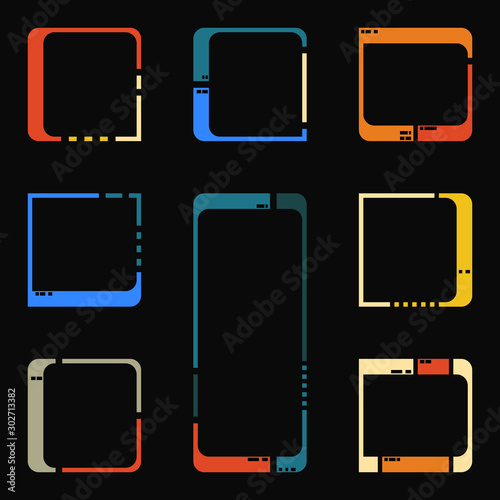 Set of frames for images or icons. Retro, 80s style future interface elements. Old sci-fi style panel screen elements. Space ship or futuristic device UI. 