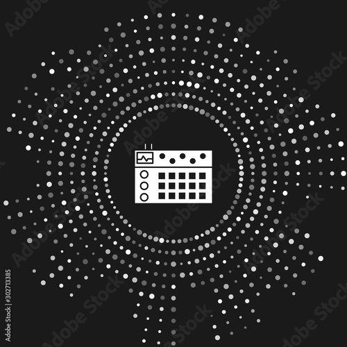 White Drum machine icon isolated on grey background. Musical equipment. Abstract circle random dots. Vector Illustration