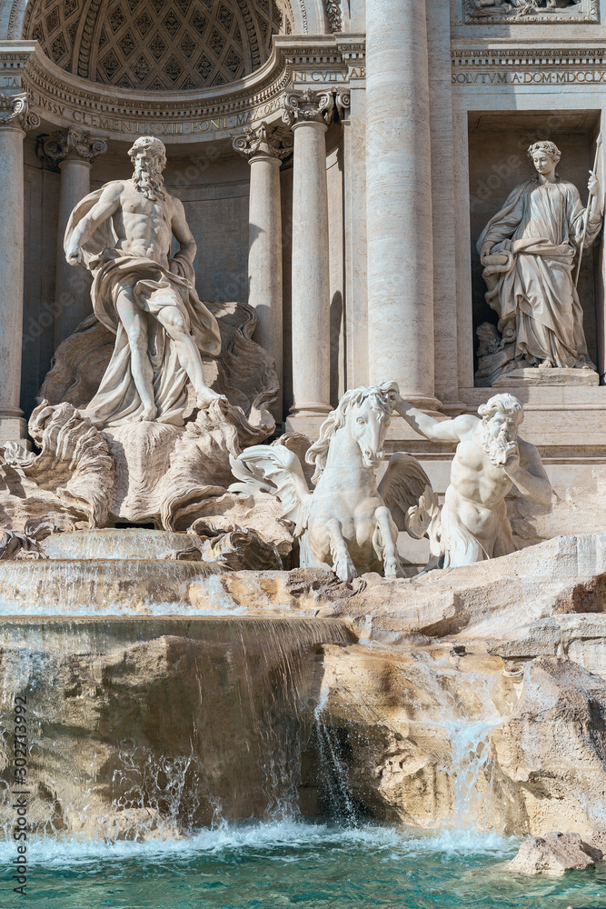 Rome, Italy - October 7, 2019 - view of a fragment of the sculptural group of the Trevi Fountain