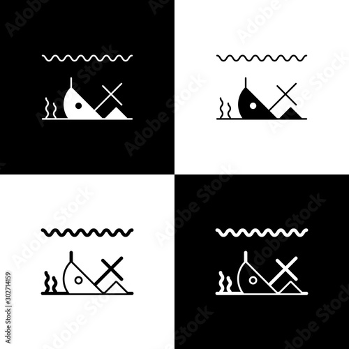 Set Sunken ship at the bottom of the sea icon isolated on black and white background. Vector Illustration