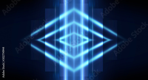 Abstract light tunnel, stage, portal with rays, neon lights and spotlights. Dark empty scene with neon. Abstract blue background, light, smoke. Symmetric reflection, perspective.