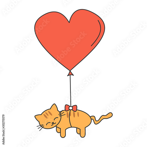cute cartoon cat flying in the sky with big heart balloon romantic vector illustration