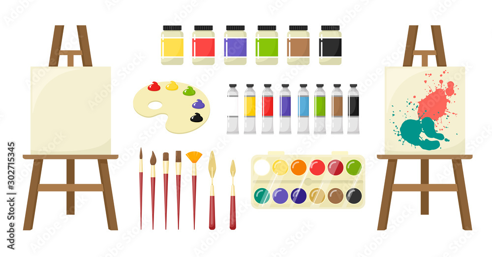 Fototapeta Painting art tools. Set of art tools - brushes, palette, palette knife, paint, tube art paints, easel, jars, watercolor paints. Vector isolates in cartoon flat style.