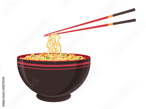 Oriental noodle food. Asian ramen tradition Chinese noodle restaurant with pasta and chopsticks. Vector illustration in cartoon flat style.