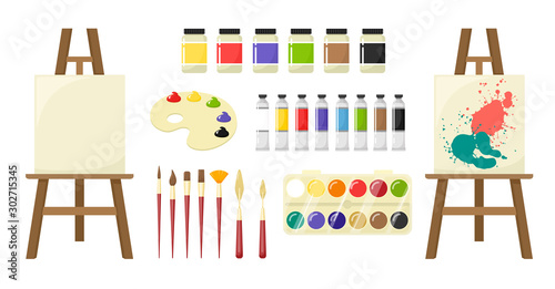 Fototapeta Painting art tools. Set of art tools - brushes, palette, palette knife, paint, tube art paints, easel, jars, watercolor paints. Vector isolates in cartoon flat style.