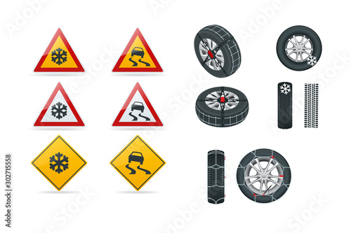 Snow chains on tire. Slippery road. Traffic signs and Tire With Mounted Snow Chains isolated on white background. Caution Snow. Winter Driving and road safety.