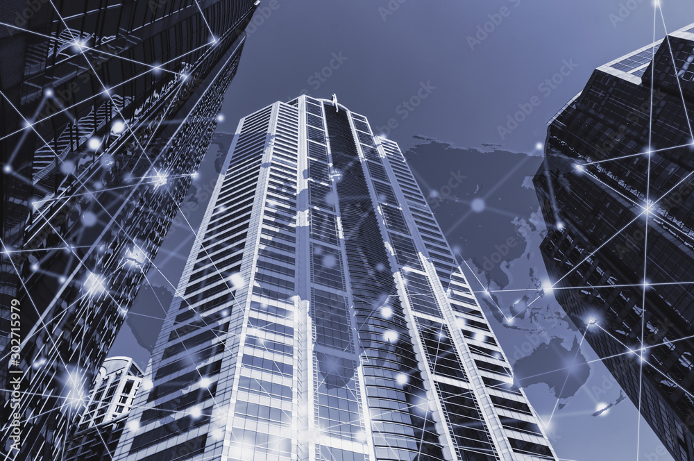 Network and Connection technology concept with city background Network and Connection technology concept with city background