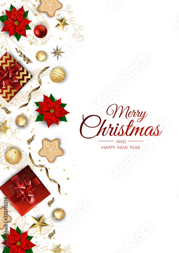 Christmas greeting card with Christmas Tree Decorations, Pine Branches, snowflake and confetti.