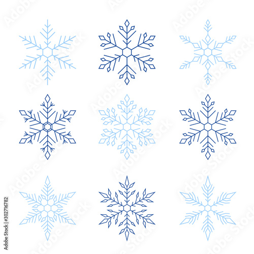 Set dark blue and cyan of snowflakes (icons) on white isolated background. Winter objects.