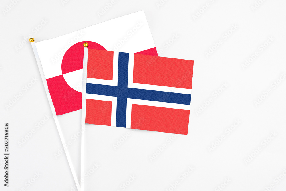 Norway and Greenland stick flags on white background. High quality fabric, miniature national flag. Peaceful global concept.White floor for copy space.