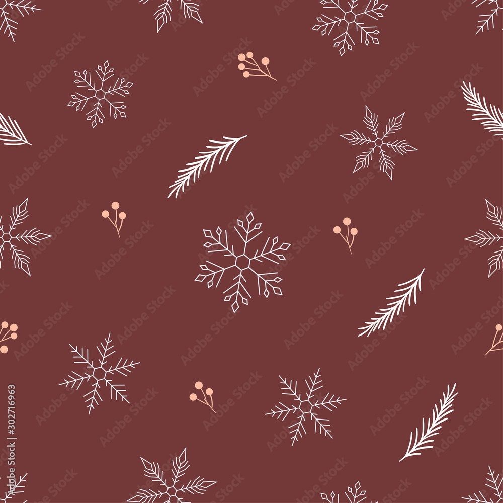 Snowflakes, berries, fir branches on calm maroon background. Seamless winter pattern. Snowflakes, berries, fir branches on calm maroon background. Seamless winter pattern.