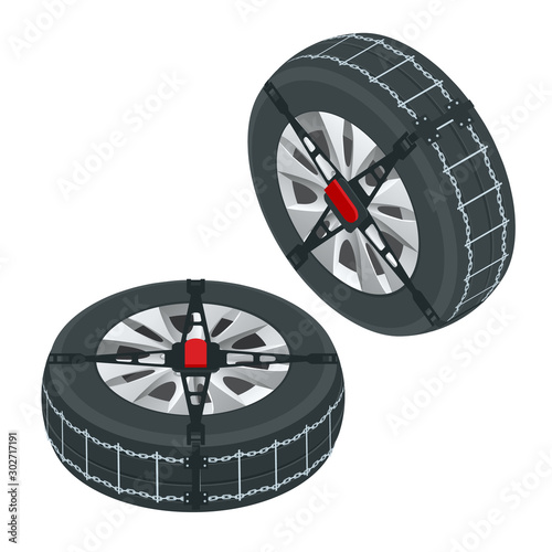 Isometric snow chains on tire. Tire With Mounted Snow Chains isolated on white background. Caution Snow. Winter Driving and road safety.