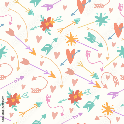 Cute vector seamless pattern in boho style. arrows  flowers  hearts  pastel colors  doodles  children s minimalism. magic shelf  stars. Background for baby