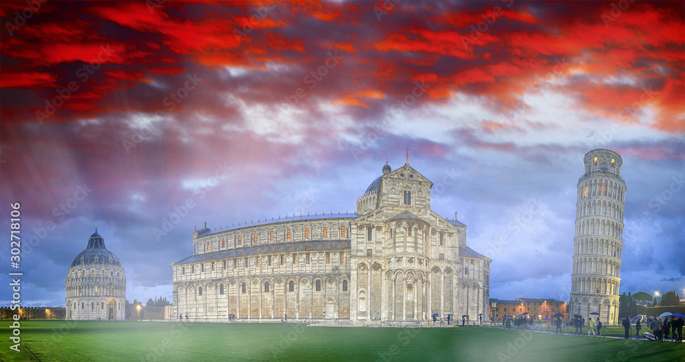 Pisa, Italy. Panoramic sunset view of world famous Square of Miracles