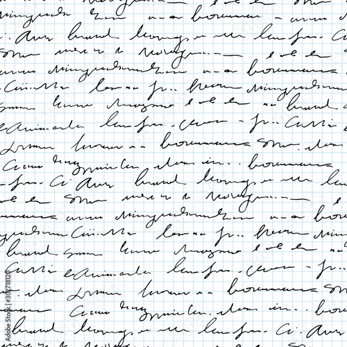 Handwritten abstract text seamless pattern, vector monochrome script on notebook sheet background