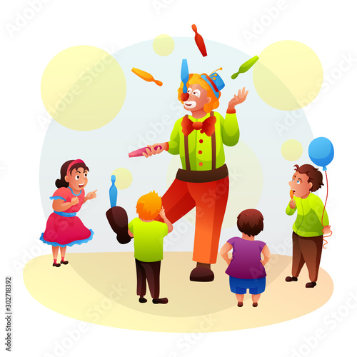 Cartoon clown juggler showing tricks for kids