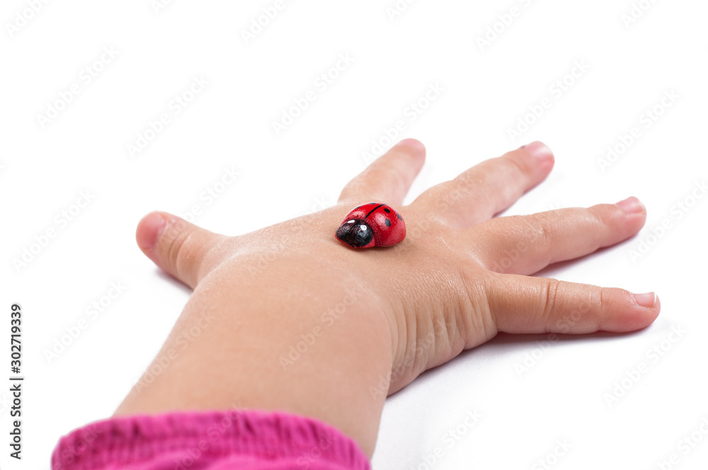 Naklejka premium Red ladybug and children's hand isolated on white background