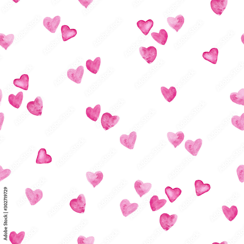 Pink hearts watercolor painting - hand drawn seamless pattern with love on white background