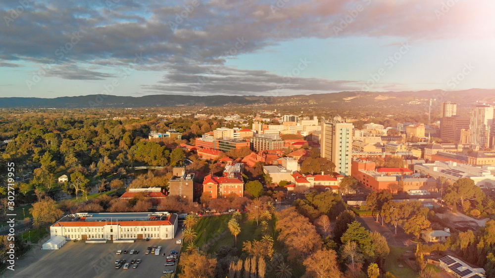Adelaide aerial view at dusk, South Australia from drone